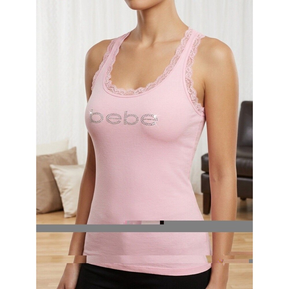 Bebe Logo Tank Top Cami Womens XL Pink Rhinestone Spellout Lace Y2K Coquette